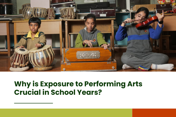 students at school performing using tabla, harmonium and violin